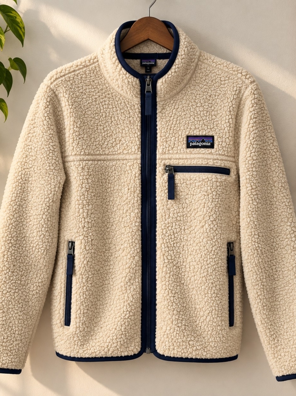 Patagonia Kids Retro Pile Fleece Jacket L 12 Cream Navy Full Zip